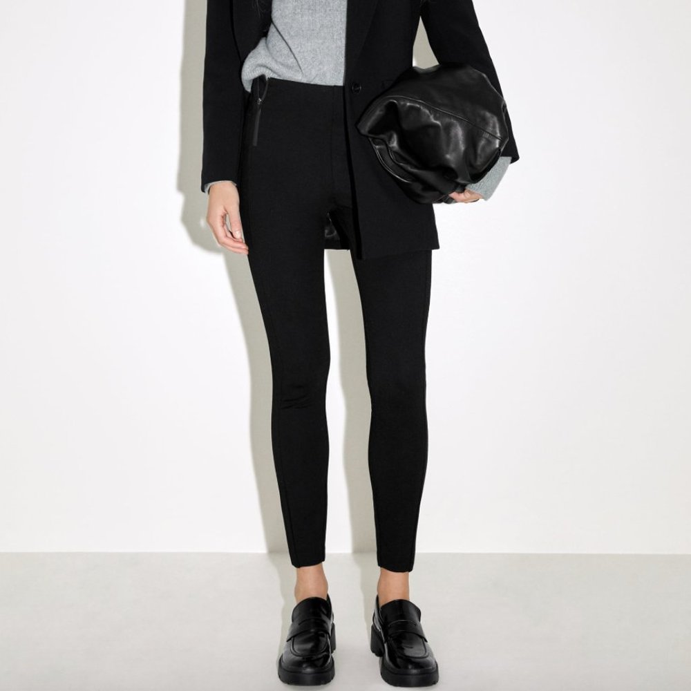 ZARA STRETCH BLACK ZIPPERED MID-RISE LEGGING PANT TROUSERS